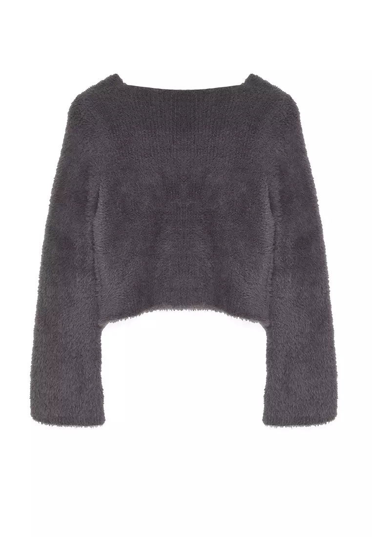 Anthracite Crop Feather Tie Detailed Knitwear Cardigan TWOAW25HI00111