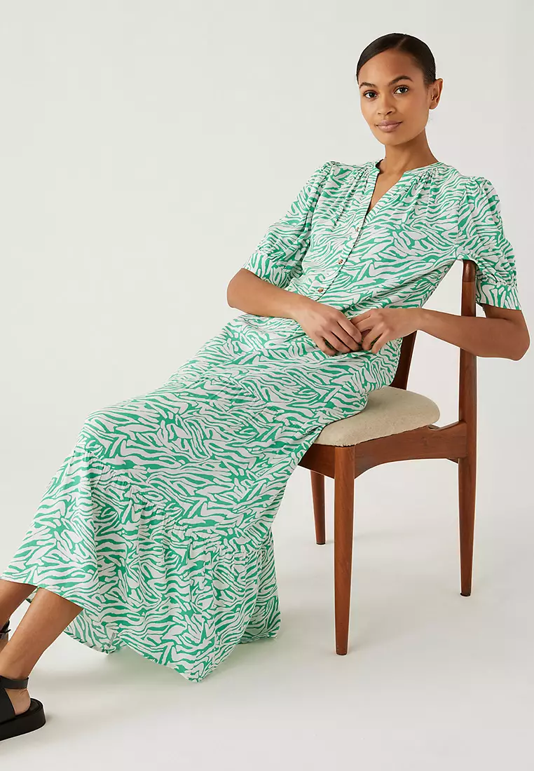 Printed V-Neck Midi Tiered Dress