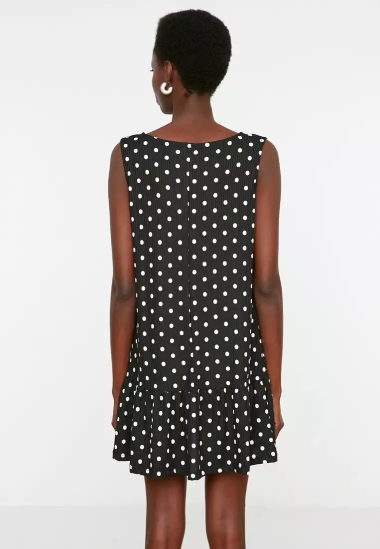 Black Polka Dot Printed Zero Sleeve Flounce Shift/Plain Mini Elastic Knitted Dress