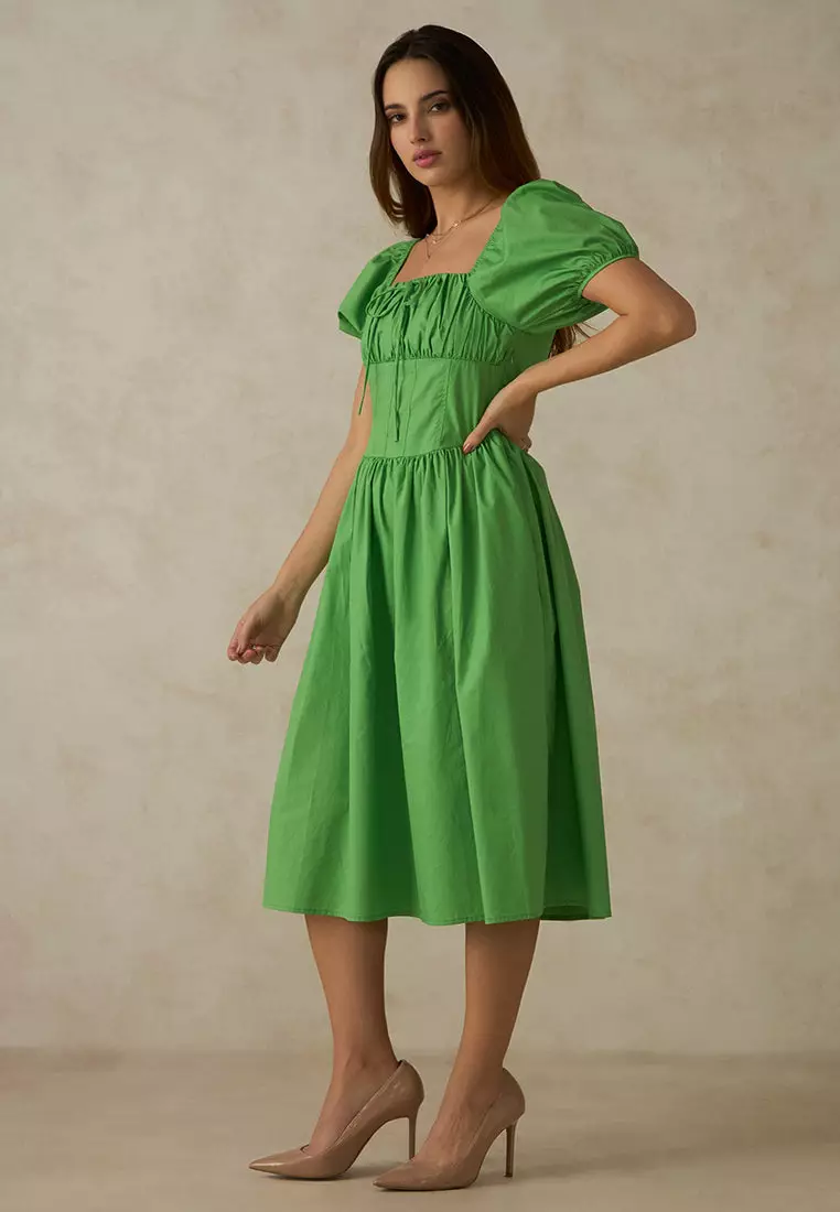 VIRGIO 100% Cotton Midi Length Milkmaid Dress