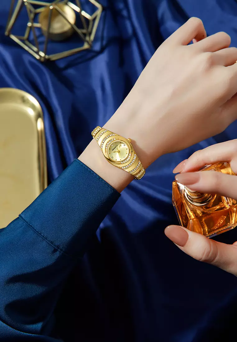 Jam Tangan Wanita Anti Air Original Mewah Elegan Tali Stainless Steel Jam Tangan Cewek gold