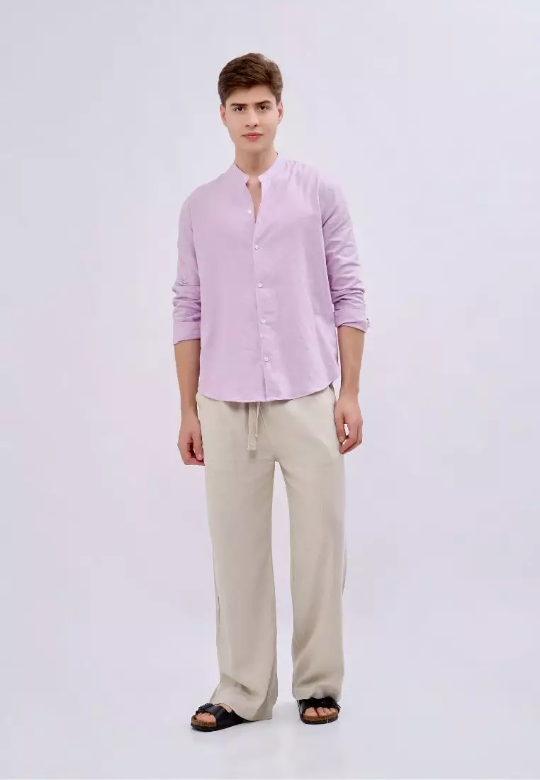 Lavender Kemeja Linen Lengan Panjang Pria Ungu Muda | Linen Long Sleeve Shirt Men Lilac
