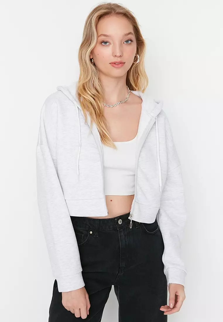 White Crop Zip Hoodie