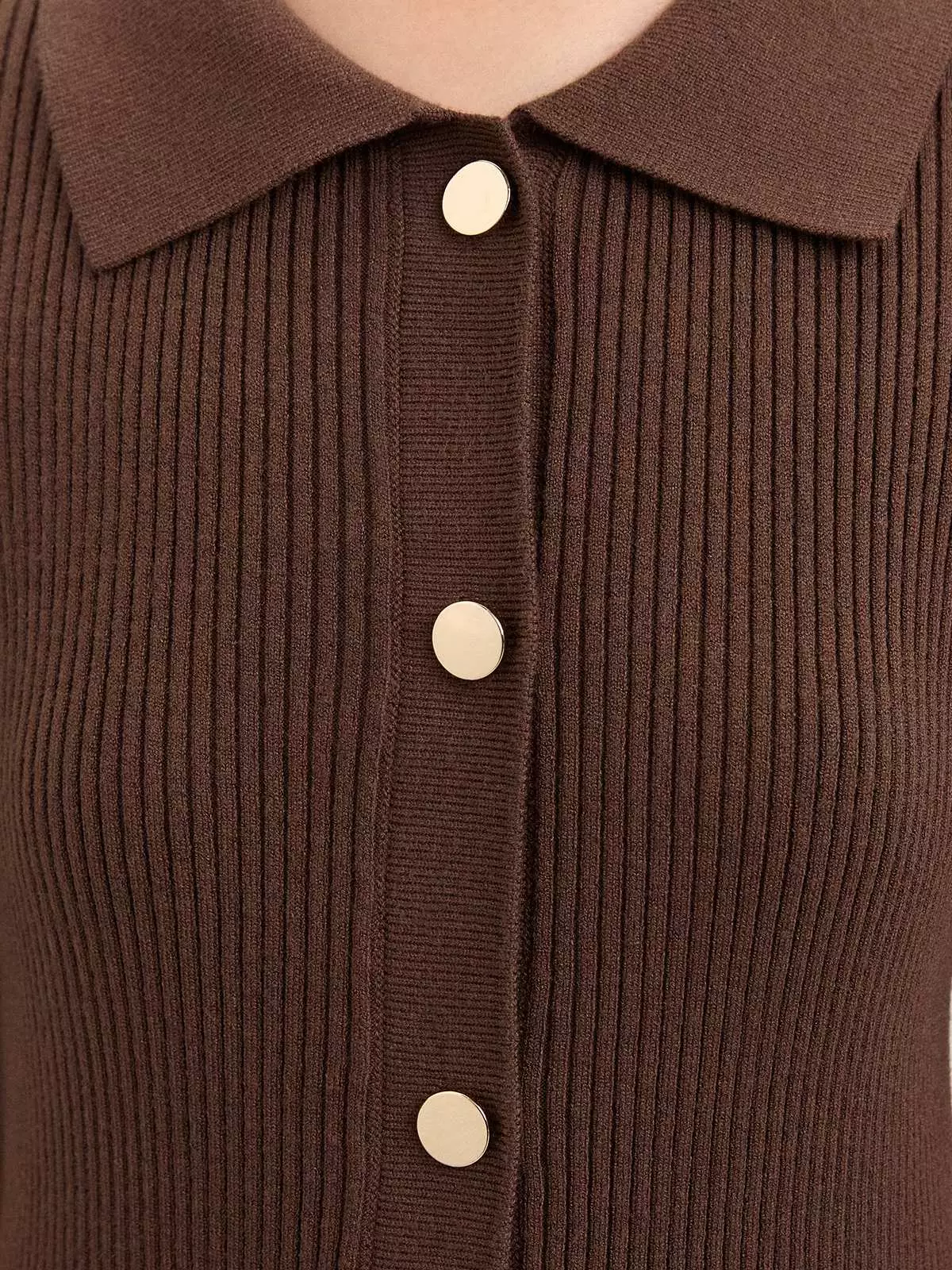 Pomelo - Midi Dress Wanita - Buttoned Pleat Knit Dress - Dark Brown
