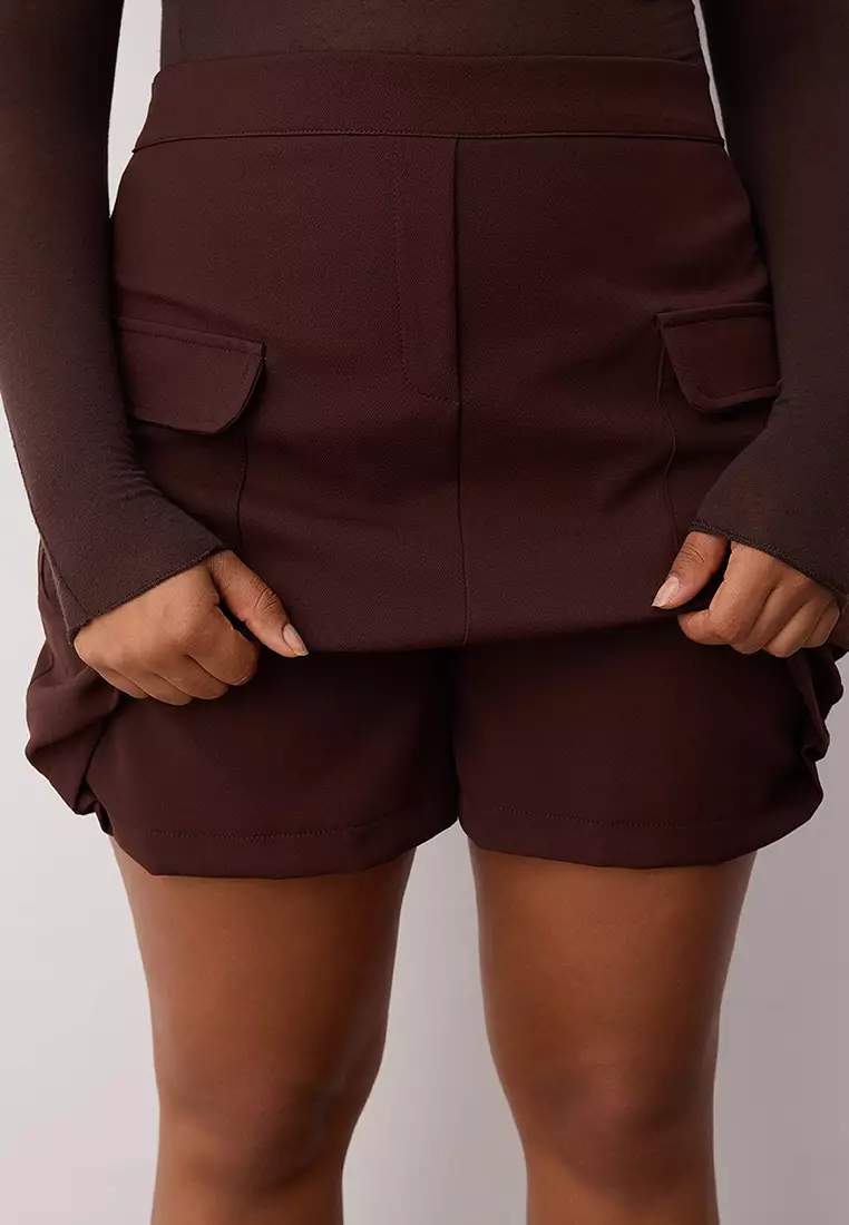 Brown Pocket Pencil Double Fabric Plus Size Skirt Tbbss23Az00051