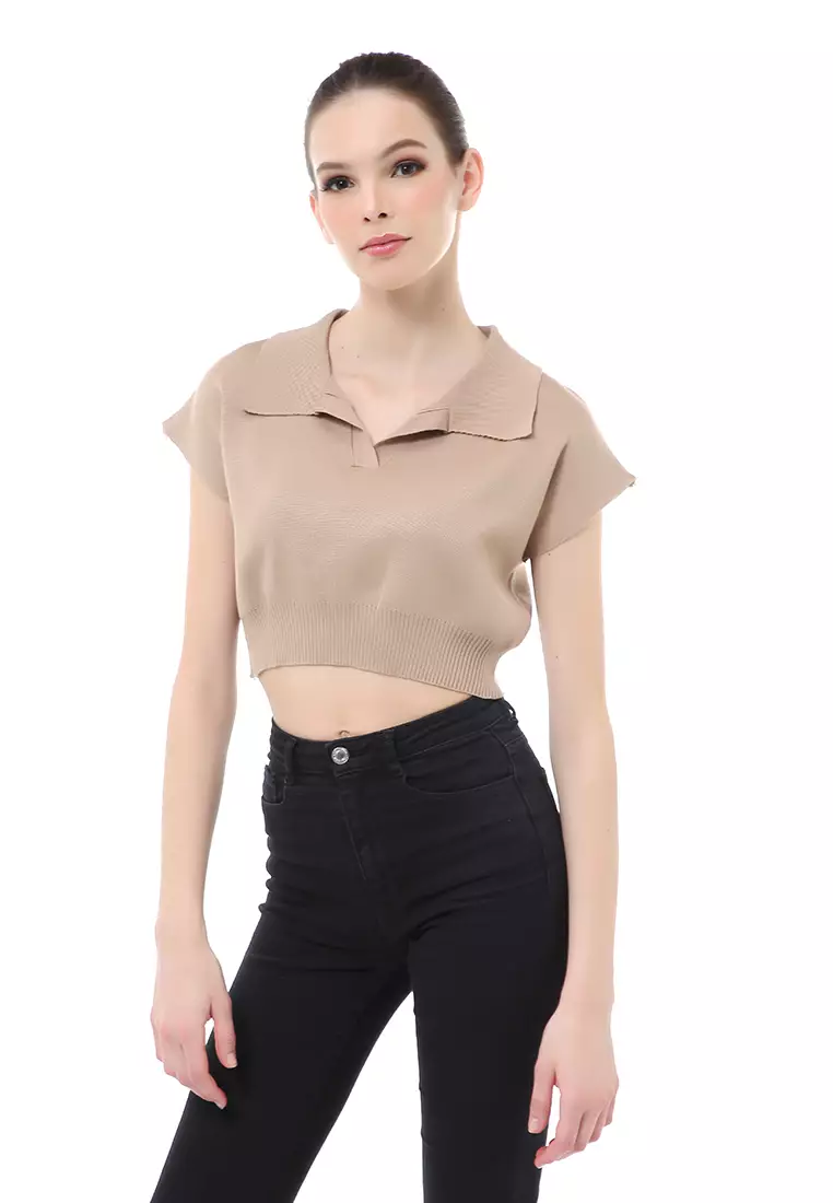 Albertine Atasan Crop Wanita Lengan Pendek Blouse Kerah Material Rajut ORIGINAL - Brown