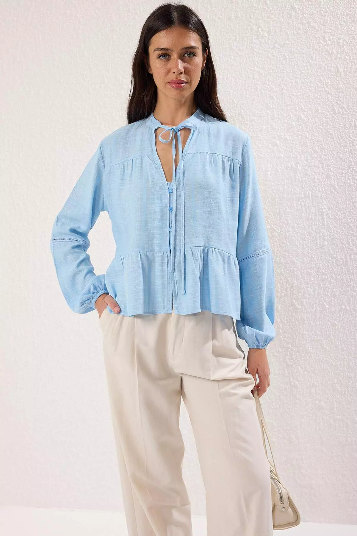 Light Blue Cotton Textured Lacy On Sleeve Regular Normal Fit Shirt