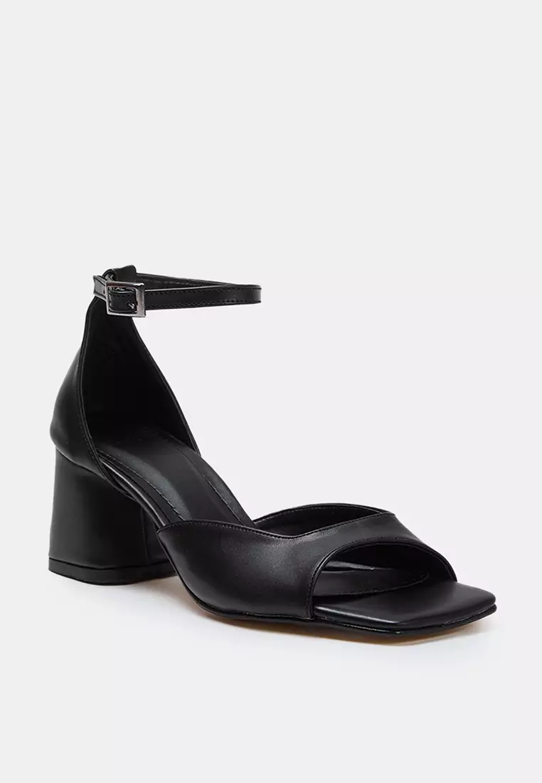 Black Ankle Strap Block Heel Square Toe Women's Heeled Shoes Takss25To00015