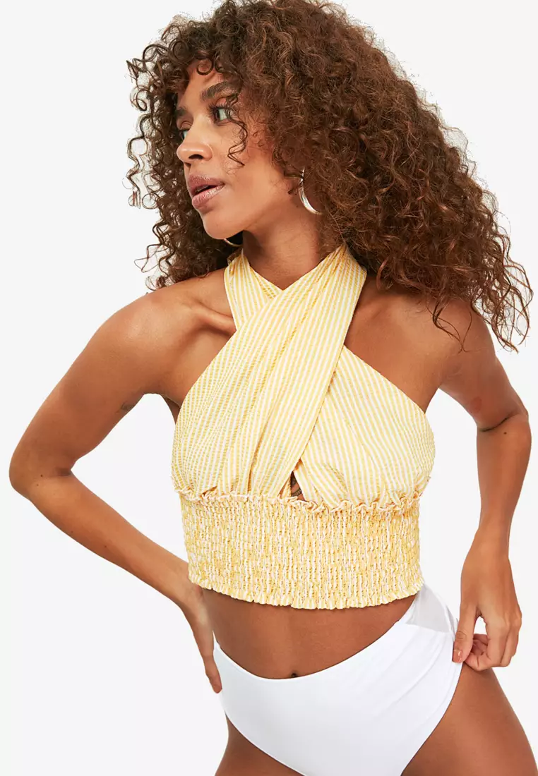 Trendyol Collection Yellow Lace Triangle Bustier with Piping