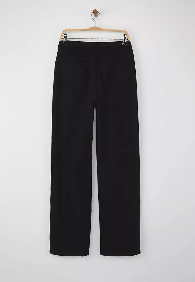 High Waist Eyelet Detail Belted Wide Leg Palazzo Jeans
