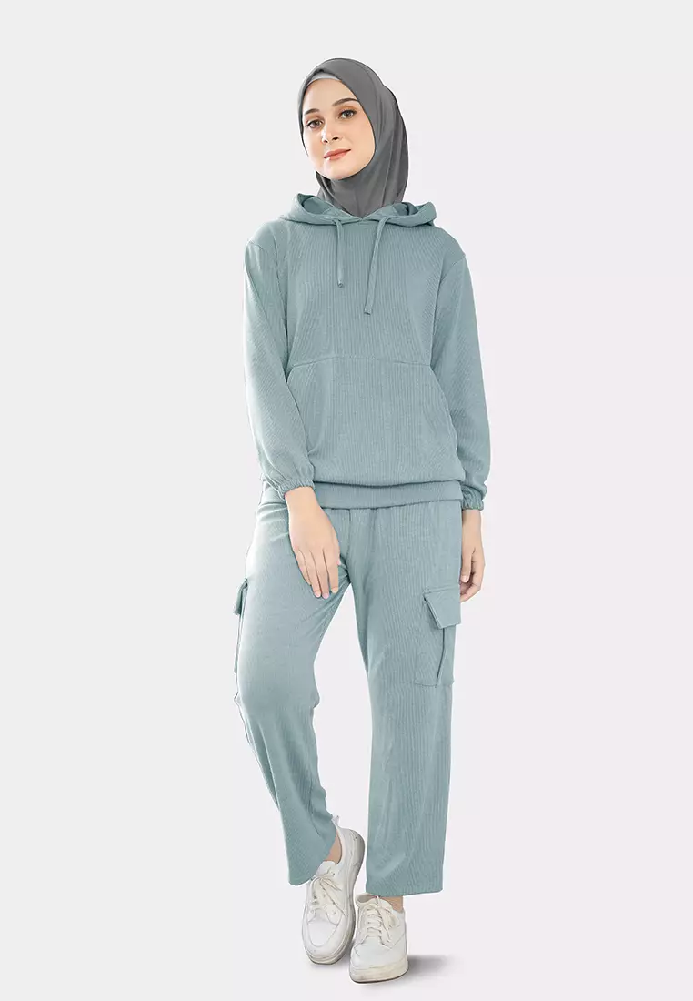 Setelan Olahraga Wanita Keenan Hoodie Set Knit - Aqua Sea