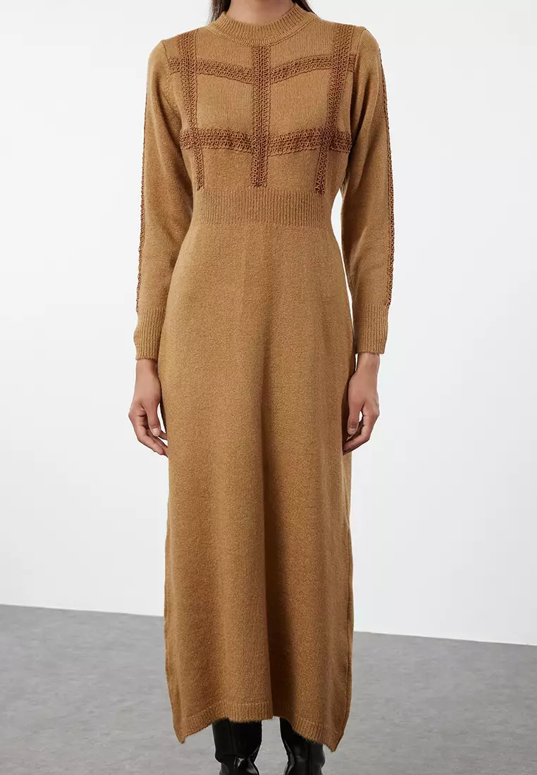 Beige Lace Detailed Soft Textured Knitwear Dress Tctaw25Eb00015