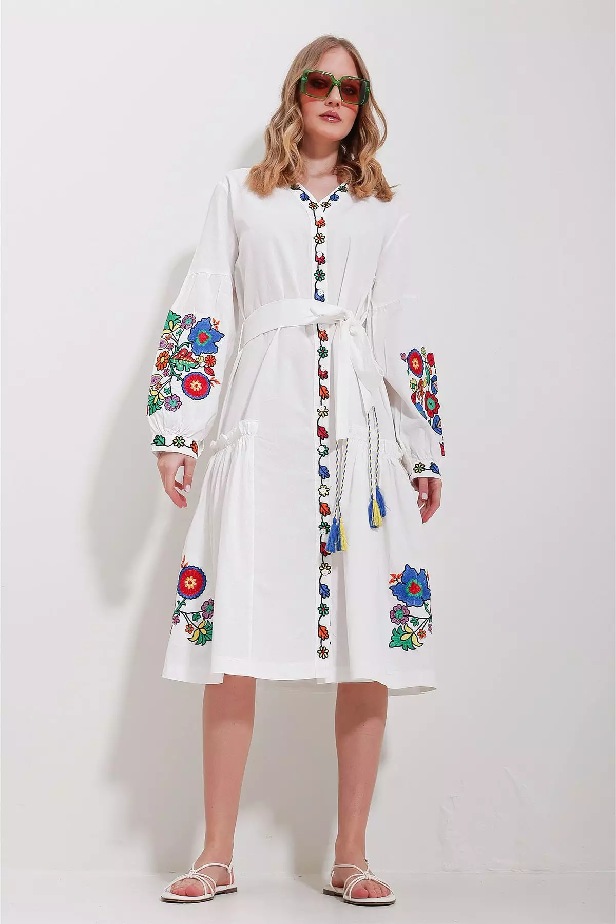 Women's White V Neck Full Embroidery Lined Woven Dress