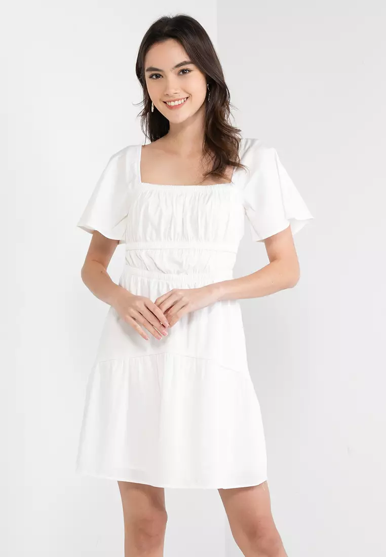 Shirred tulle gown with flutter open sleeves hot sale
