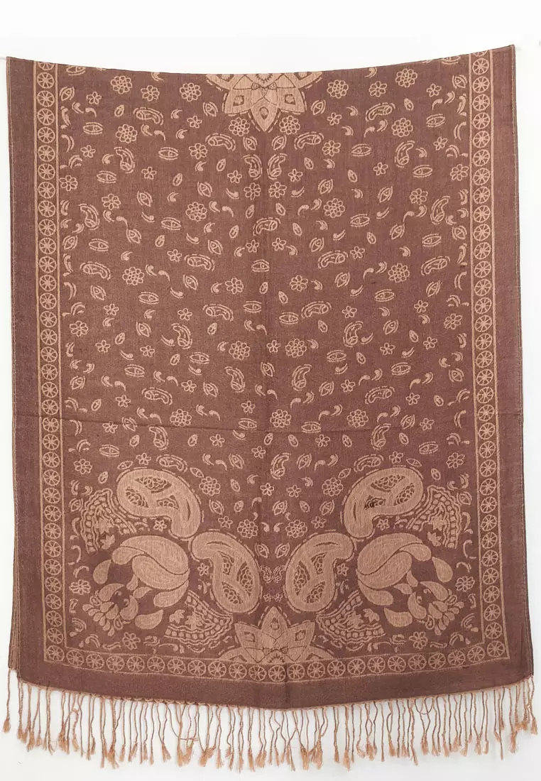 Reversible Viscose Paisley Pattern Skull Pashmina Shawl Syal Wanita Golden Brown