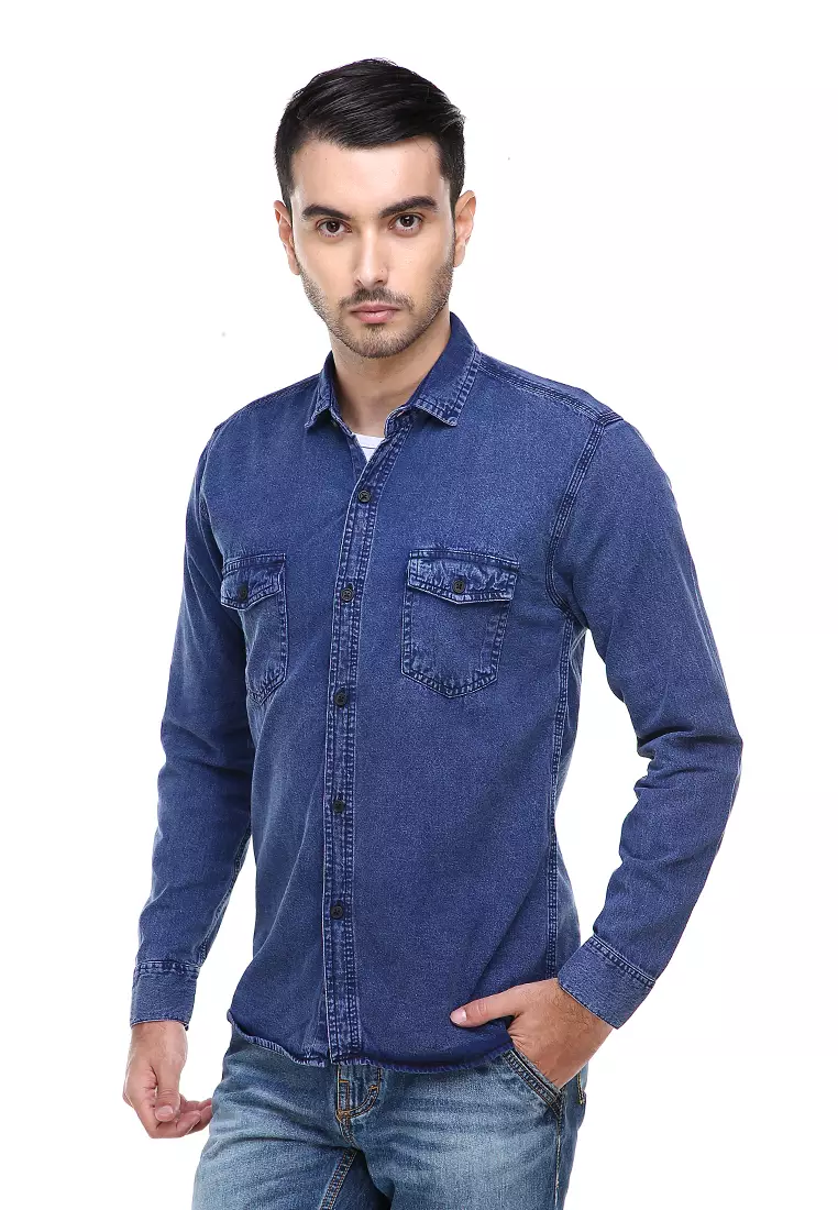 Dwan Casual Shirt Baju Kemeja Jeans Pria Lengan Panjang Material Denim ORIGINAL - Navy