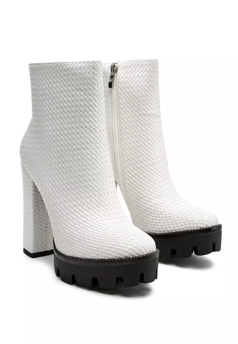 Solid Textured Block Heeled Boot in White