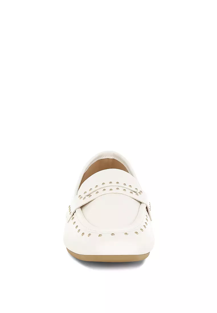 Studded Faux Leather Loafers in White