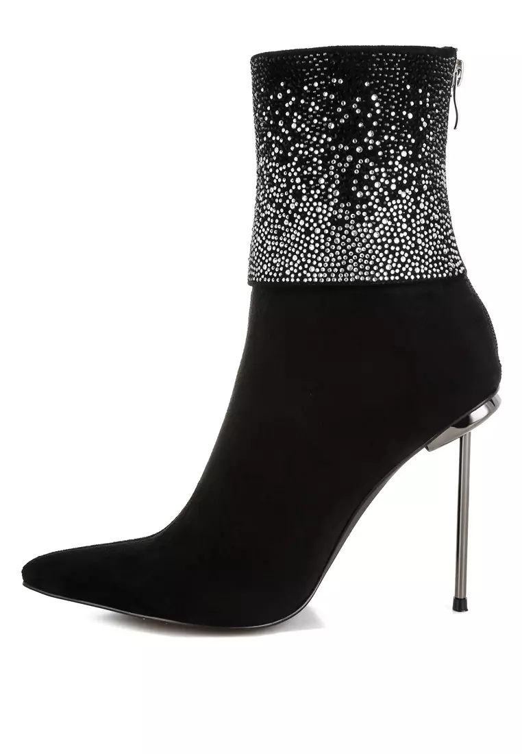 Rhinestones Embellished Foldover Boots in Black