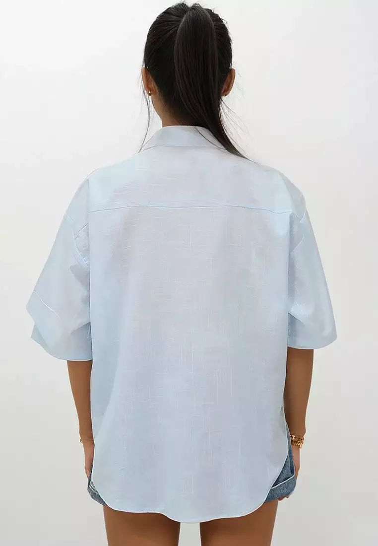 Women's Baby Blue Double Pocket Half Sleeve Linen Shirt Alc-X9991