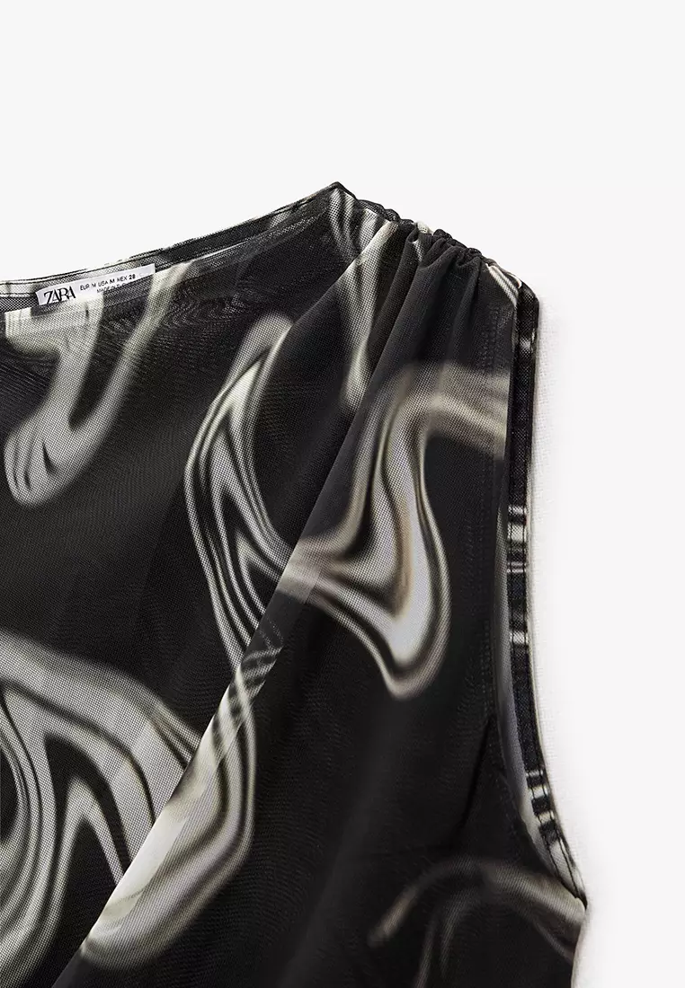 Printed Tulle Top with Draped Detail