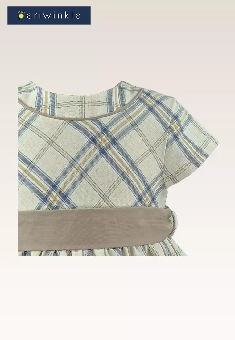 Molly Baby Girls Beige Belted Checkered Dress with Diaper Cover
