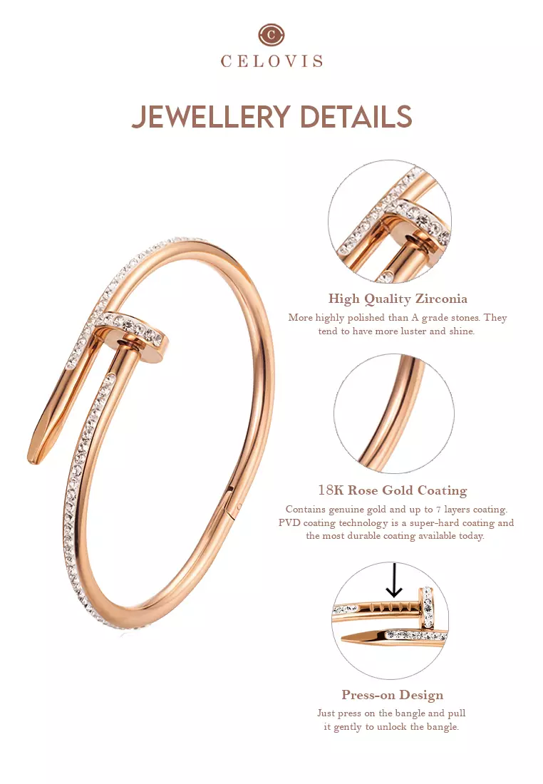 Roxanne Nail Cuff Zirconia Clasp Bangle (Rose Gold)