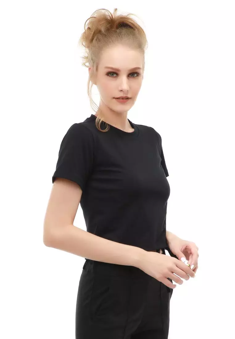 Genevie T-Shirt Kaos Crop Atasan Kasual Wanita Lengan Pendek Material Span Single Jersey ORIGINAL - Black