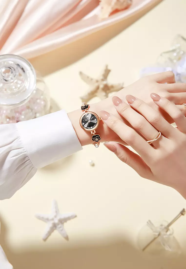 Jam Tangan Wanita Original Anti Air Tali Gelang Bunga-Bunga Korea Fashionn Jam Tangan Cewek black