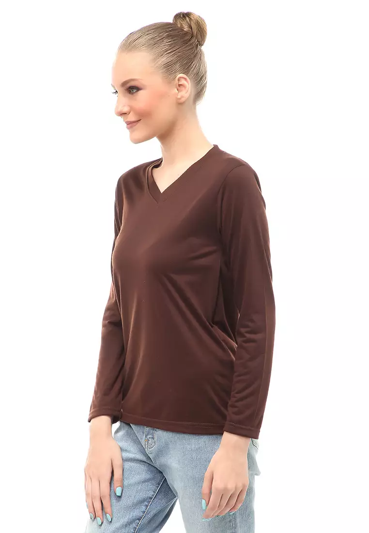 Kaos Polos Atasan Wanita V-Neck Lengan Panjang Design Simple Relaxed Fit - Coklat