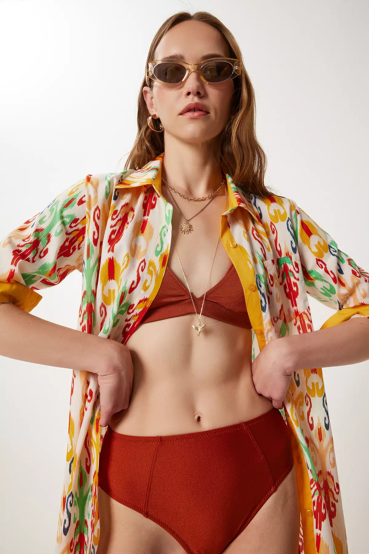 Women's Yellow Bone Pattern Summer Midi Shirt Dress Wf00114