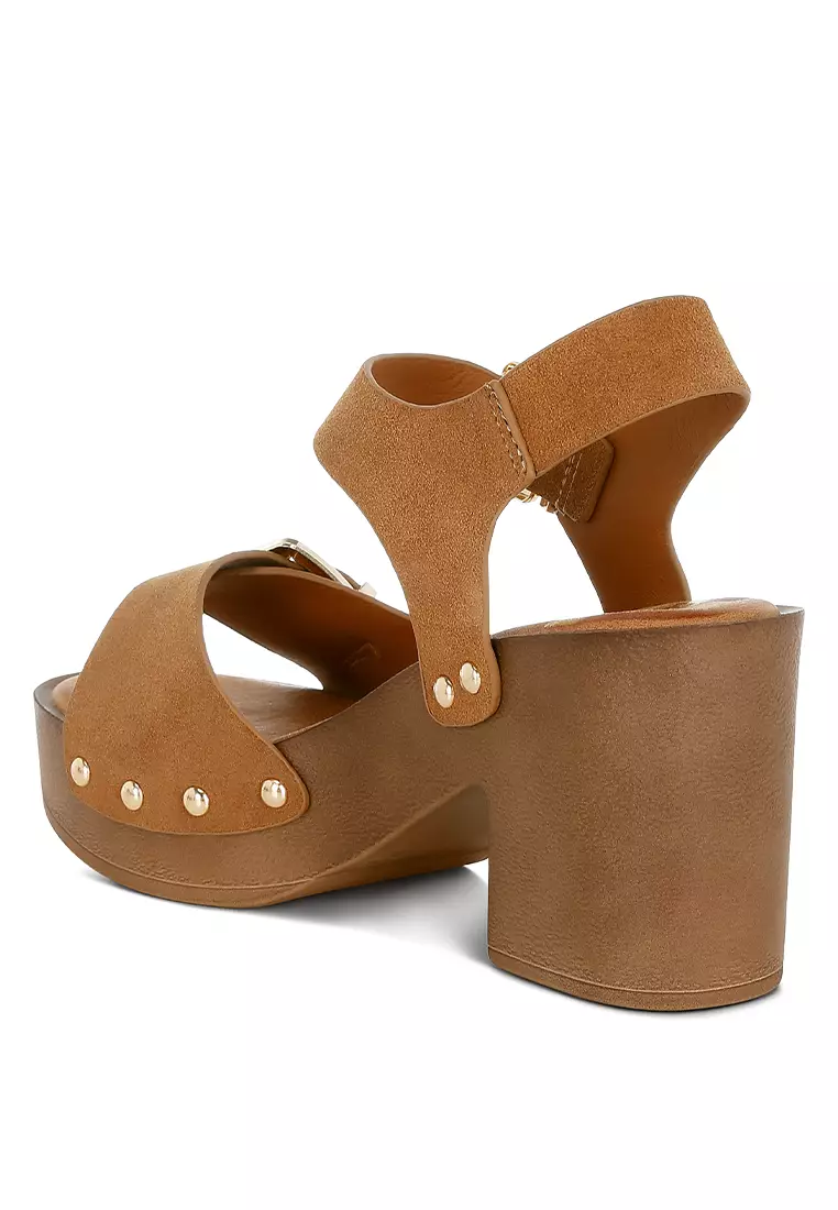 Real Suede Leather Clog Sandals In Tan