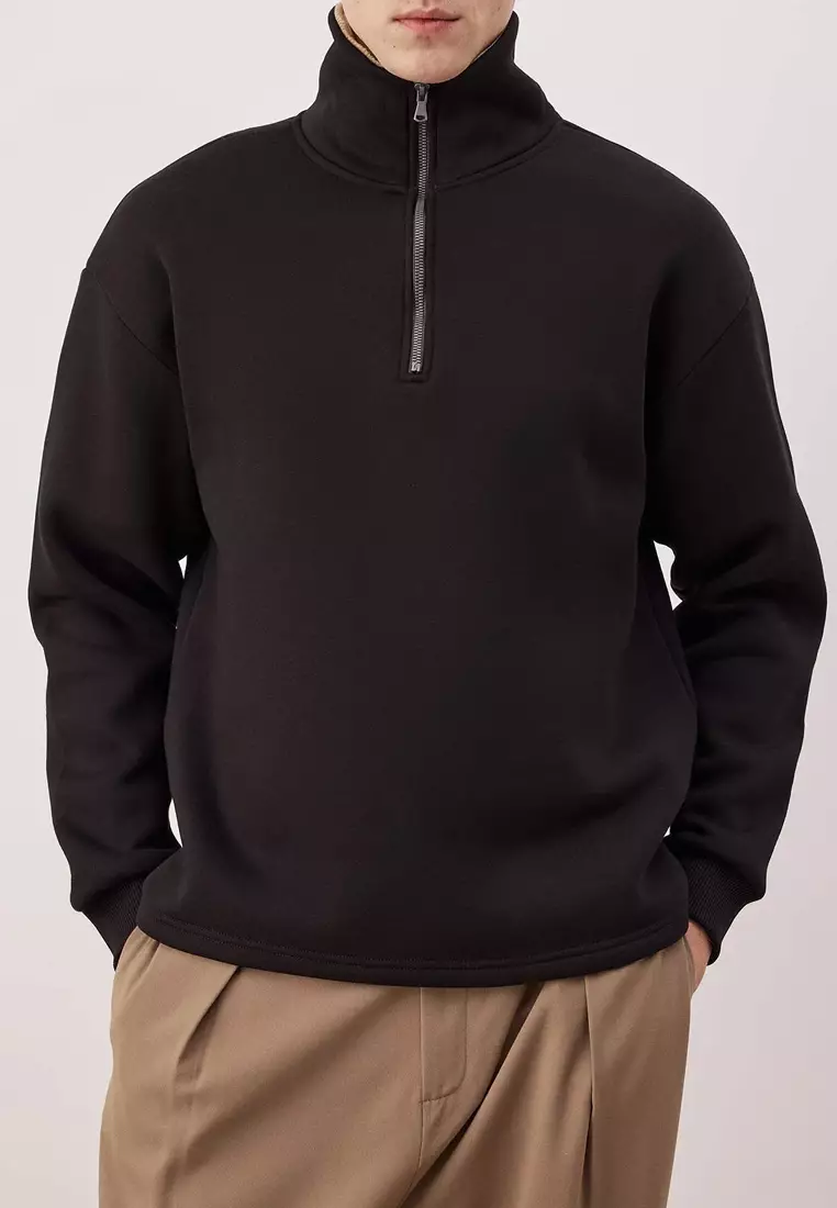 Black Collar Detailed Stand Collar New Oversize/Wide Cut Thick/Fleece Lined Sweatshirt Tmnaw26Sw00003