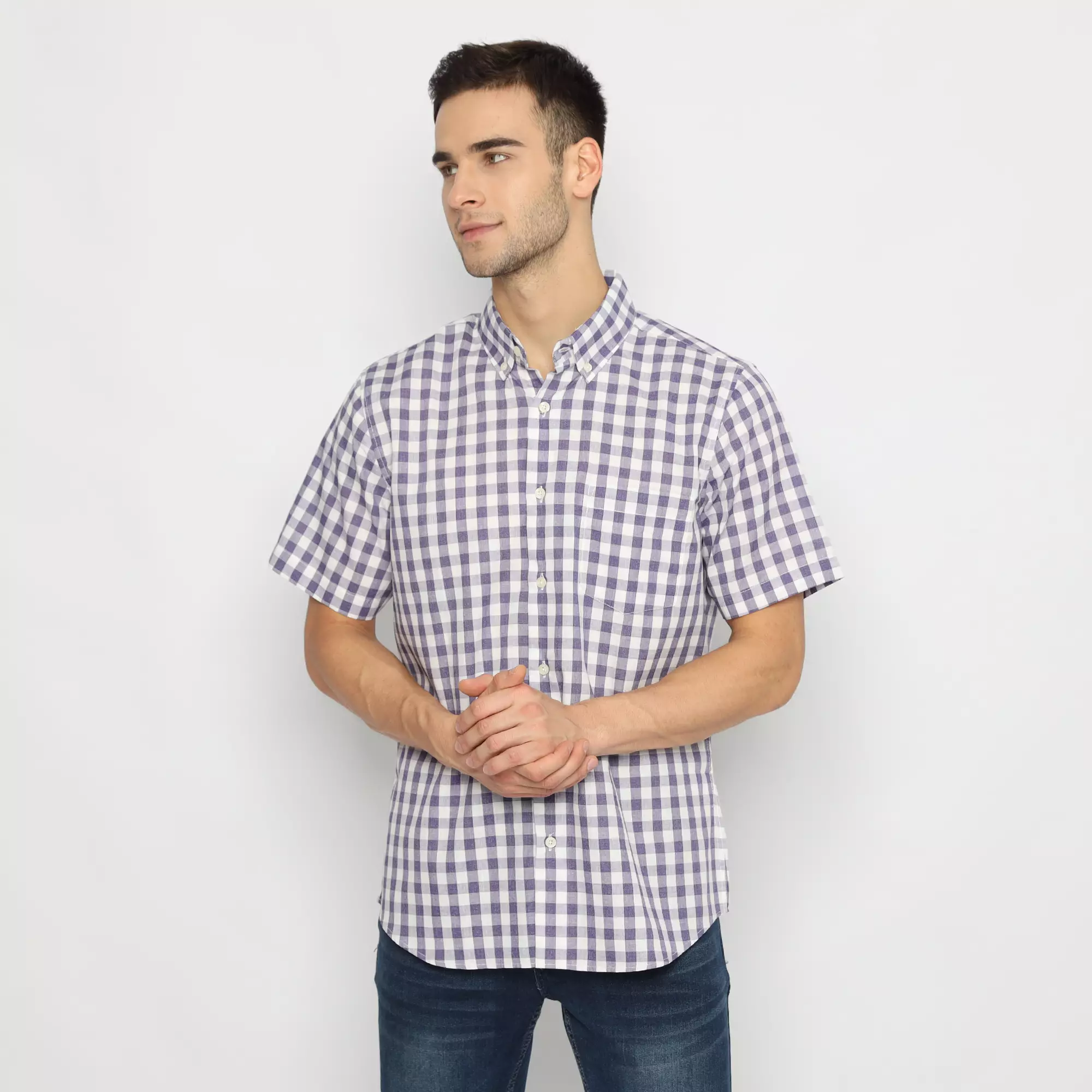 Platini Kemeja Kotak Pria Lengan Pendek Katun 73334 Ungu