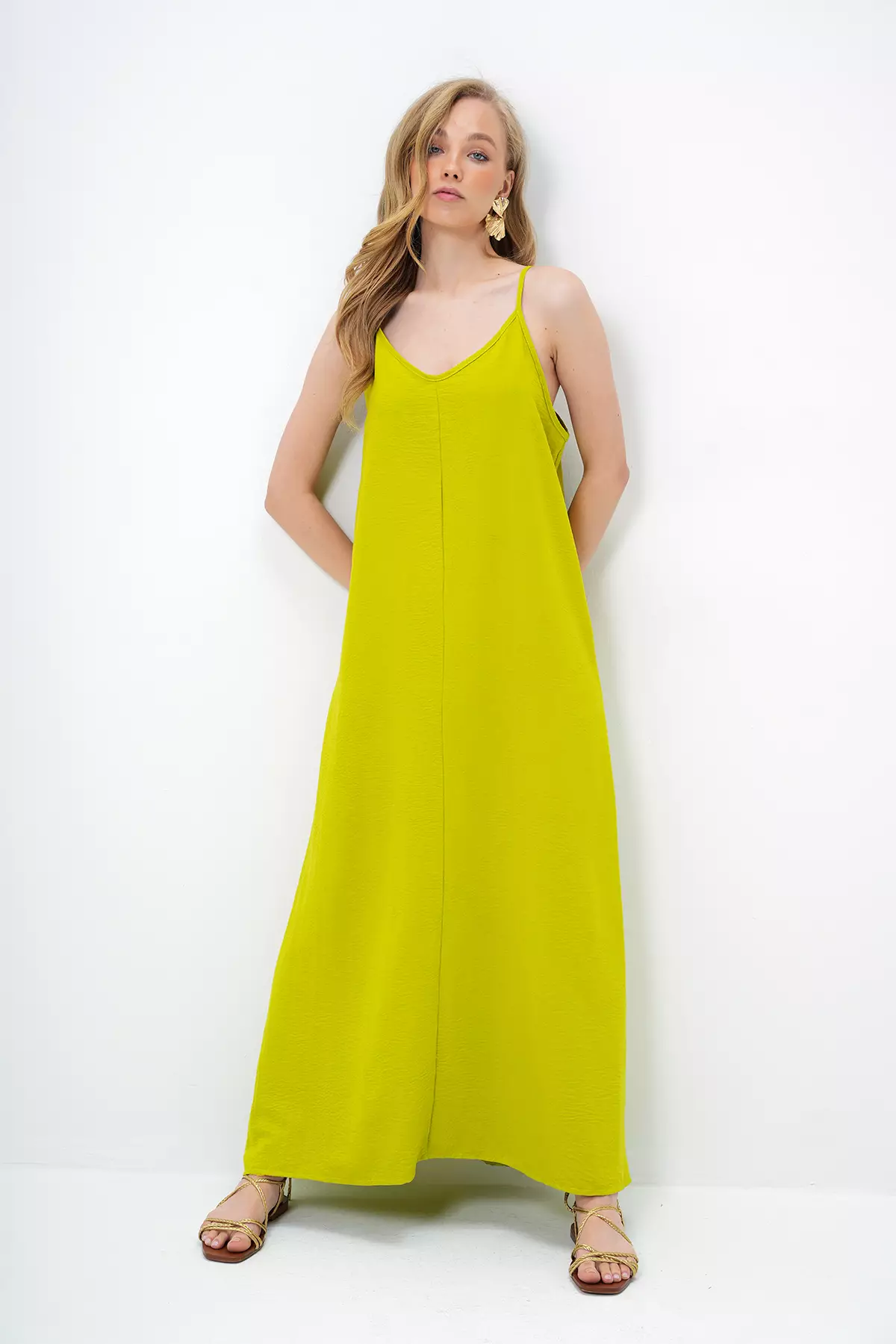 Women's Oil Green Adjustable Strap V-Neck Aerobin Summer Dress Alc-X14067