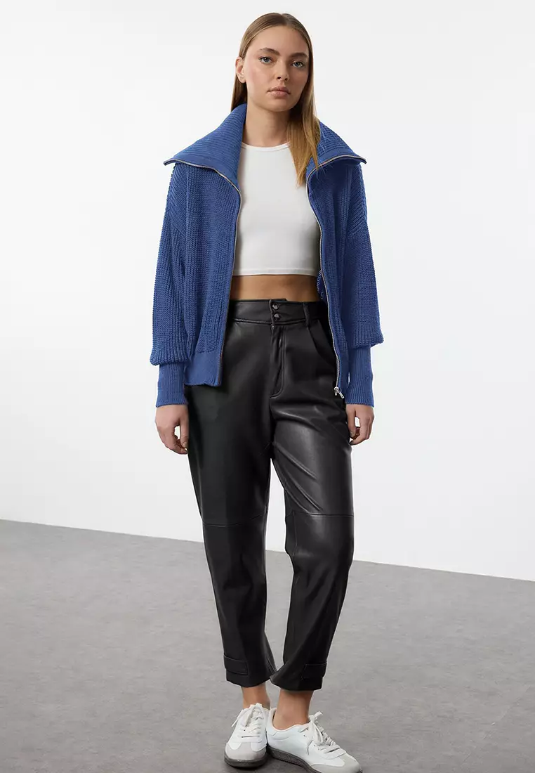 Indigo Wide Fit Turn-Down Collar Zip-Up Knitwear Cardigan Twoaw24Hi00072