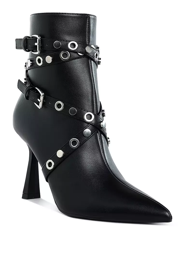 Eyelets & Studs Harness Ankle Boots in Black