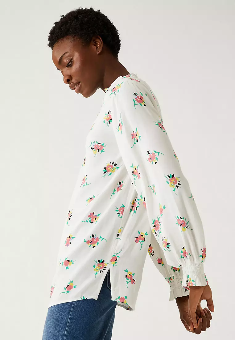 Floral High Neck Relaxed Longline Blouse