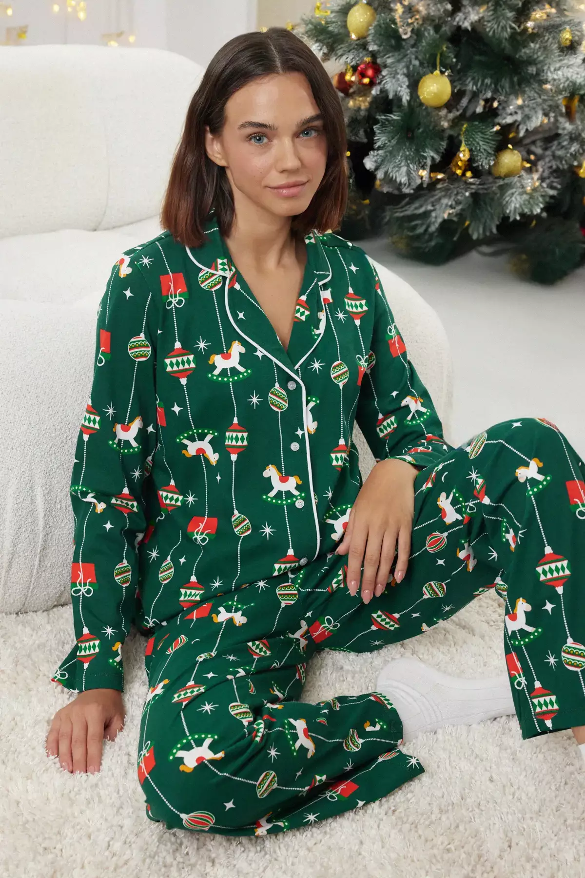 Buy Trendyol Green 100% Cotton Christmas Themed Knitted Pajama Set