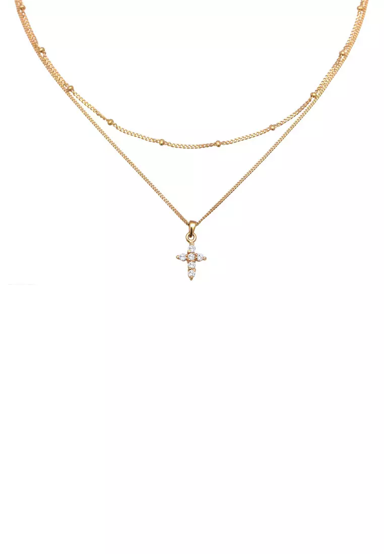 Kalung Perhiasan Perak 925 Wanita Choker Layer Cross Pendant Zirconia Gold Plated