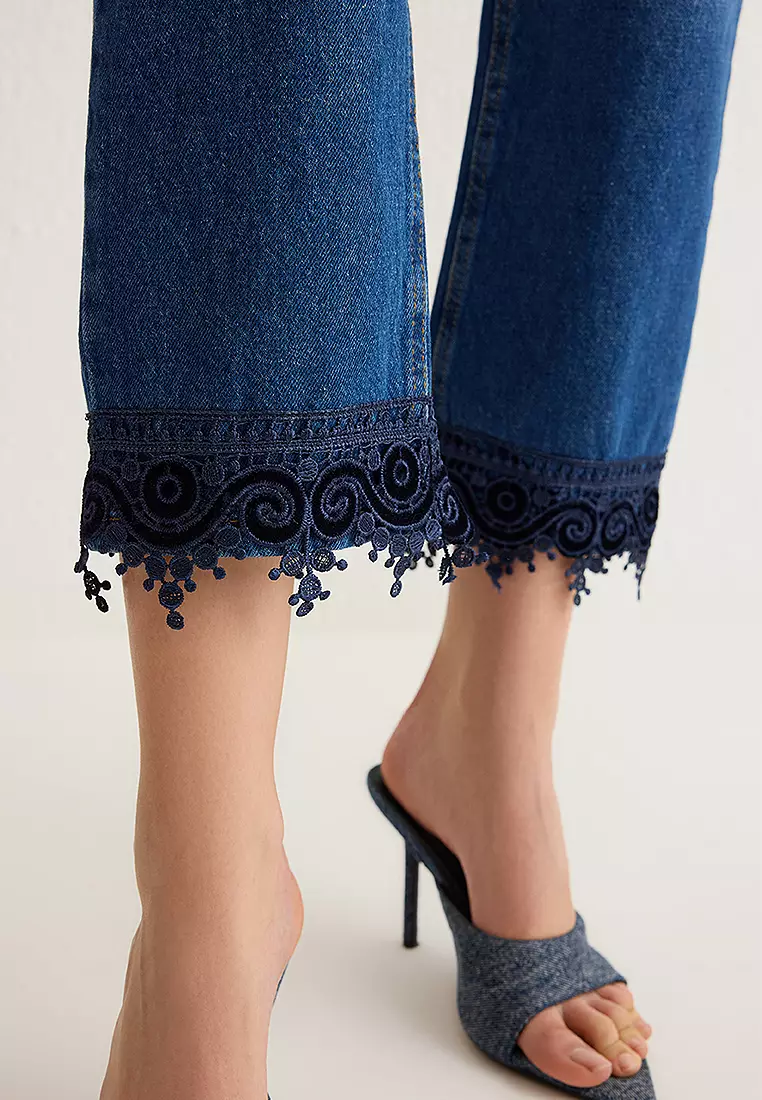 Blue Lace Detailed Normal Waist Straight Jeans