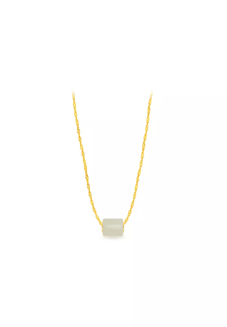 999.9/24K Gold Foil Inlaid White Jade with 375/9K Gold Wave Chain Necklace Set J2