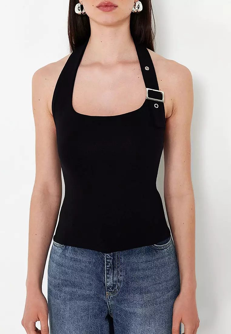 Black Halter Neck Belt Detail Fitted Knitted Blouse