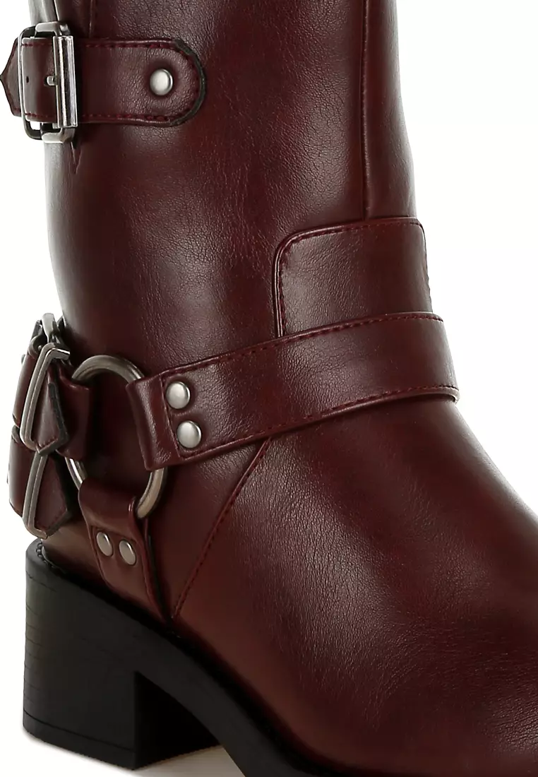 Harness Detail Biker Boots in Burgundy