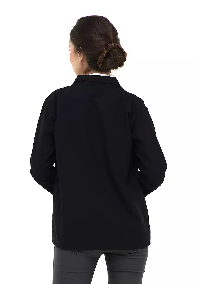 Qemsya Jas Blazer Wanita Long Outer Casual Suit Material Baby Canvas ORIGINAL - Black