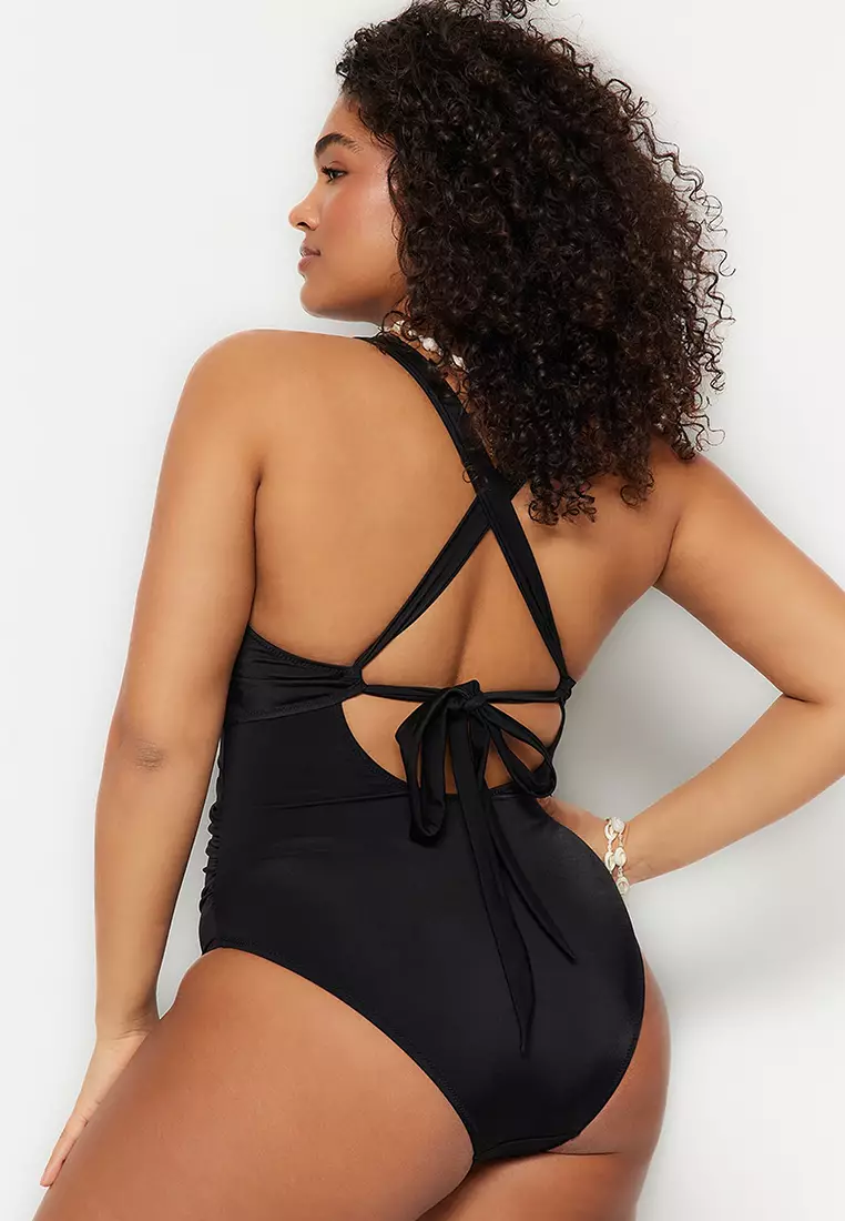 Buy Trendyol Plus Size Black Mesh Detailed Swimsuit Online