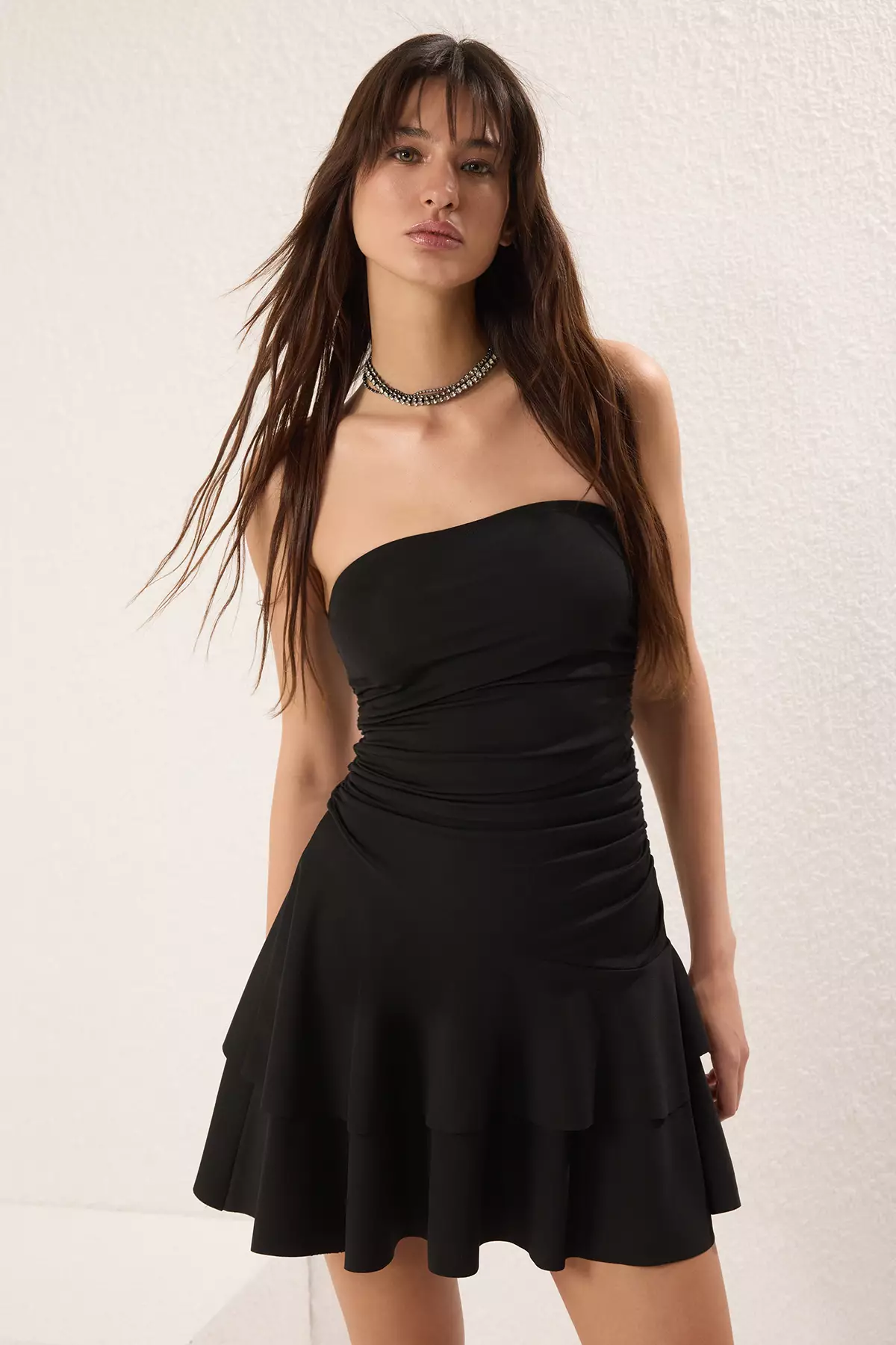Black Plain Woven Sandy Mini Unlined Elegant Evening Dress Prom Dress TPRSS25EL00255