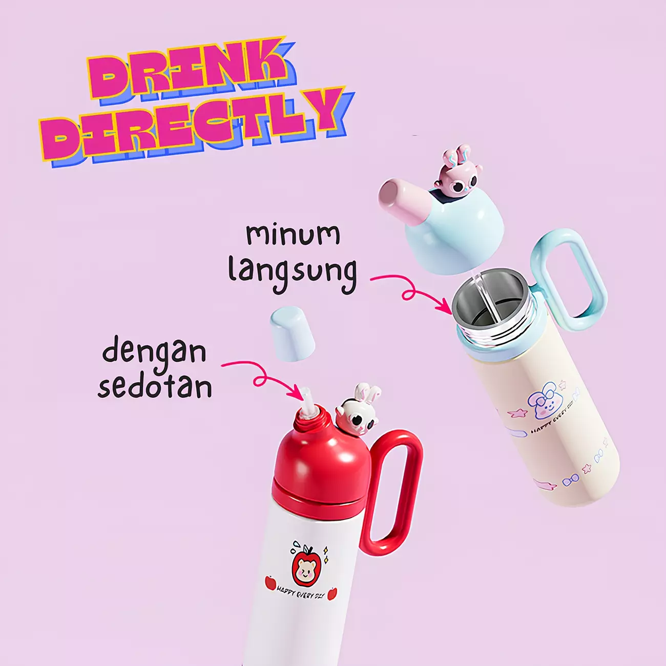 Wakakids Botol Minum Termos Stainless Steel Tumbler Lucu Happy Every Day Vacuum Cup Dengan Gagang 800ml K2031 Venjr Ungu