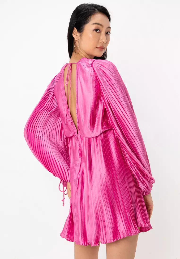 Satin Pleat Plunge Blouson Sleeves Mini Dress