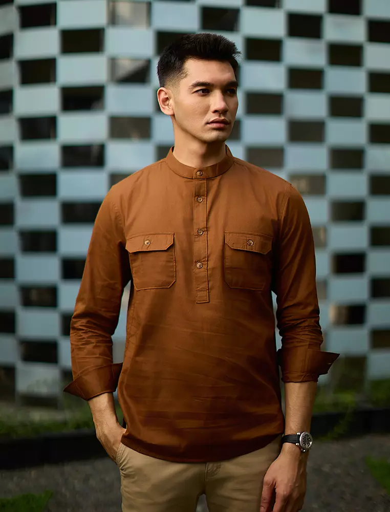 Kemeja koko Collarless shirt OXCON GHAISAN Brown